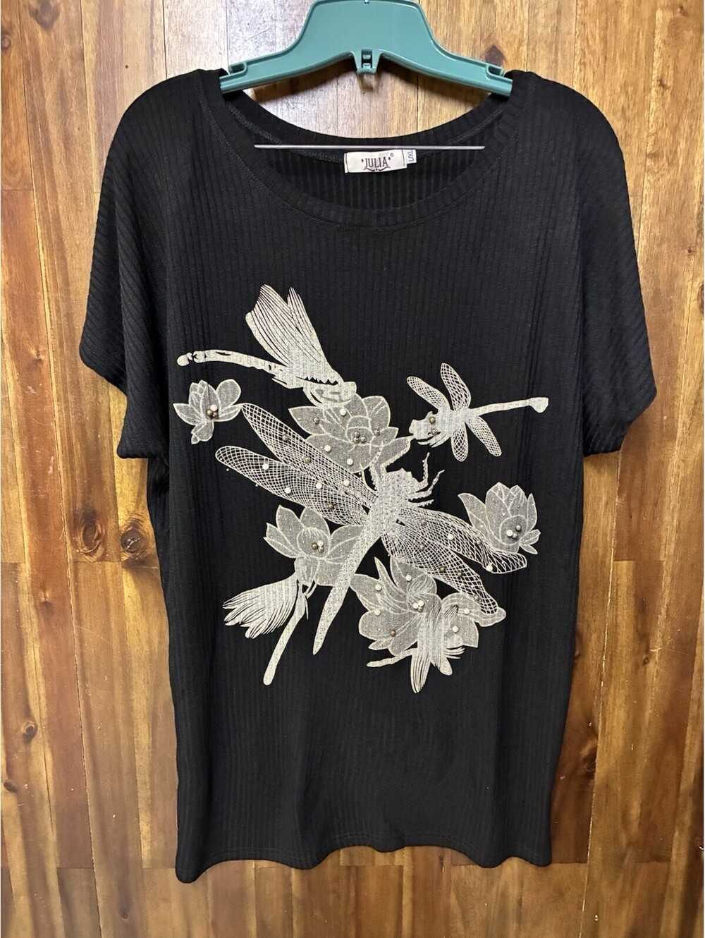 Julia Black Dragonfly Floral Rhinestone Top L/XL Y2K Whimsigoth Fairycore